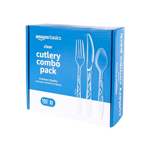 Amazon Basics Disposable Clear Plastic Cutlery Set, Premium Quality, Strong, 192 Count, Large Combo Pack