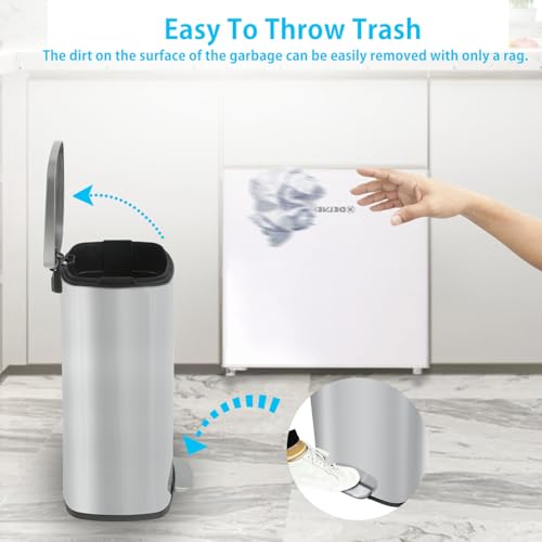 BestMassage 13 Gallon (50L) Stainless Steel Trash Can with Lid, Removable Inner Bucket, Foot Pedal, Soft Close for Home, Kitchen, Office