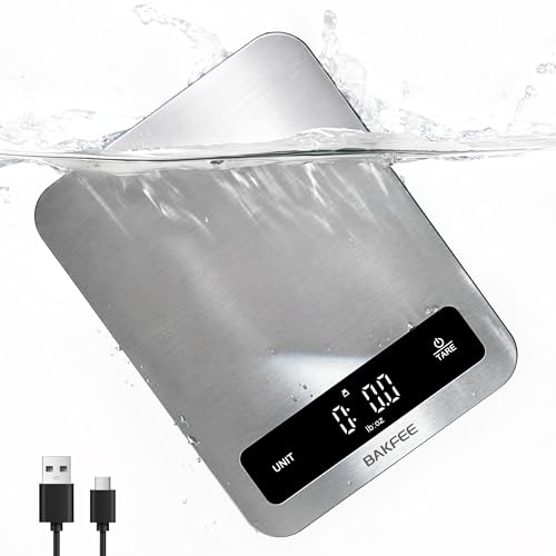 BakFee 100% Waterproof Food Scale, IP67 Digital Kitchen Scale, Rechargeable (USB-C), 0.1oz/1g Precision, 22lb Capacity, Stainless Steel & Tempered Glass, for Cooking, Making Sourdough Bread, Black