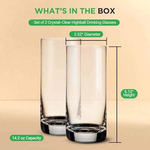 Nutrichef 14.2 oz Highball Drinking Glasses Premium Crystal, Durable & Dishwasher Safe, Elegant Design for Water, Cocktails & Liquor - Set of 2