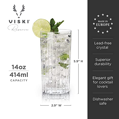 Viski Reserve Milo Crystal Highball Glasses - European Crafted Collins Glasses Set of 4-14oz Cocktail Glass for Wedding or Anniversary and Special Occasions Gift Ideas