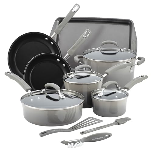 Rachael Ray Cookware Classic Brights Hard Enamel Aluminum Nonstick Cookware Set, 14-Piece, Sea Salt Gray