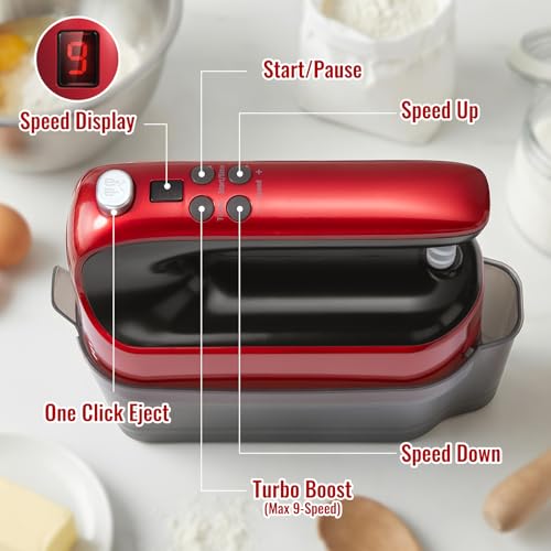 CBQ Hand Mixer Electric, 9 Speed 400W Handheld Mixer with Digital, Touch Button, Turbo, Snop-On Storage Case, 5 Stainless Steel Accessories, Hand Mixer Electric Handheld for Cake, Cookie, Egg (Red)