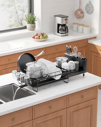 Kitsure Large Dish Drying Rack - Extendable Dish Rack, Multifunctional Dish Rack for Kitchen Counter, Anti-Rust Dish Drainers with Cutlery & Cup Holders 19.2"-26.7" L x 12.9" W, Black