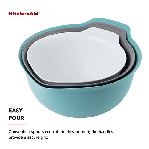 KitchenAid Universal Nesting Plastic Mixing Bowls, Set Of 3, 2.5 quart, 3.5 quart, 4.5 quart, Non Slip Base with Easy Pour Spout to Reduce Mess, Dishwasher Safe, Aqua Sky, White, Gray