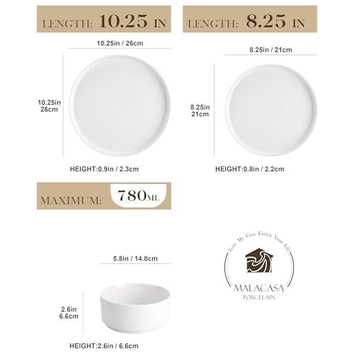 MALACASA 12 Pieces Porcelain Dinnerware Set, Modern White Dish Set for 4, Premium Serving Plates and Bowls Sets, Chip and Scratch Resistant Dishware Sets Kitchen Dishes Dining Ware Set, Series LEAH