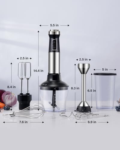 6-in-1 Immersion Blender, 1000W Hand Blender with 20 Speeds, Scratch-Resistant Stick Mixer with Whisk, Chopper, Beaker, Egg Beaters & Dough Hooks – Heavy Duty Hand Mixer, Black