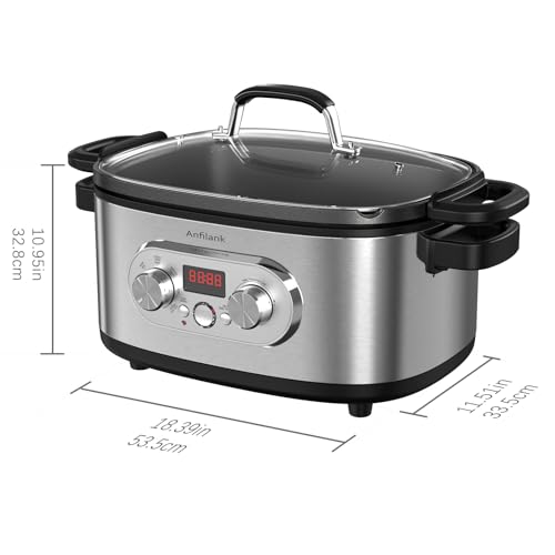 Anfilank 10-in-1 Programmable Slow Cooker with Timer, 6.8 Quart Crock Pot, Presets to Sous Vide, Bake, Sauté, Cook Rice& More, Nonstick Dishwasher-Safe Pot, Adjustable Temp&Time, Stainless Steel