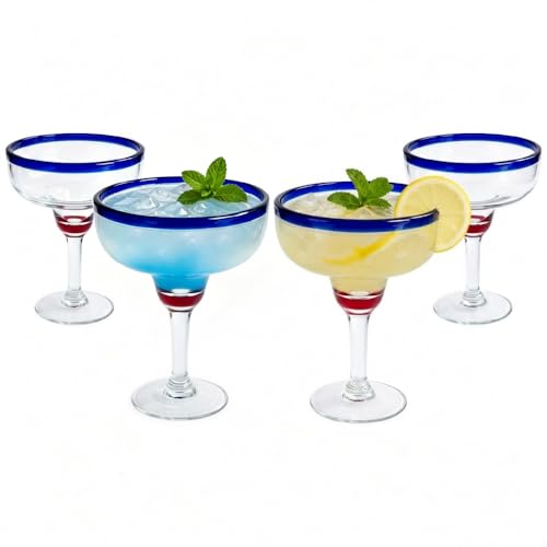 Lily's Home Unbreakable Margarita Glasses - 14 oz Shatterproof Plastic Set of 4 with Cobalt Blue Rims, Reusable Crystal Clear Stemware for Martini, Frozen Drinks, Pina Coladas & Cocktails