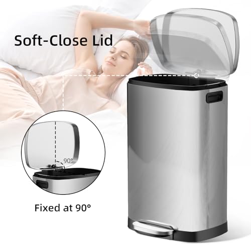 KUK 13 Gallon/50L Stainless Steel Kitchen Trash Can with Lid and Step Pedal-Large Capacity Garbage Bin with Odor Seal, Silent Close Lid, Removable Inner Bucket for Home, Kitchen, Bedroom, Office