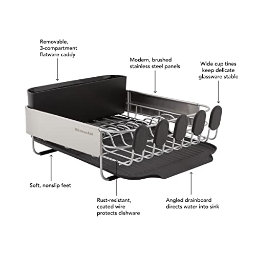KitchenAid Compact, Space Saving Rust Resistant Dish Rack with Removable Flatware Caddy and Angled Self Draining Drainboard, 16.06-Inch, Black