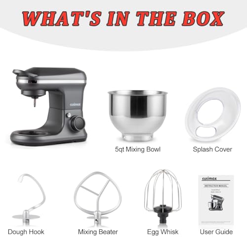CUSIMAX Stand Mixer, Dough Mixer with Digital Switch Control Timer 15mins & 8-Speed, 5-Quart 650W kitchen Electric Mixer, Tilt-Head with handle, Dough Hook, Wire Whip & Beater, Grey