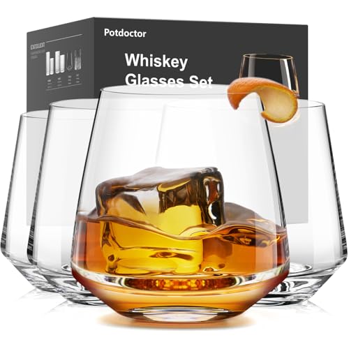 Potdoctor Whiskey Glasses Set of 4,13.5 Oz Crystal Old Fashioned Rocks Glasses for Bourbon Scotch Cocktails Drink Rum Cognac Vodka Liquor -Unique Gifts for Men,