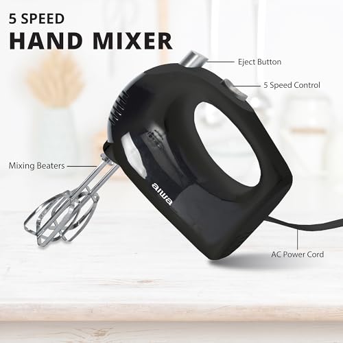 AIWA 5-Speed Hand Mixer with Eject Button, Electric Handheld Mixer for Cream, Batter, Eggs & Baking, Stainless Steel Beaters, Dishwasher-Safe, Lightweight Compact Design, Black