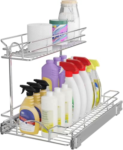 OCG Under Sink Cabinet Organizer Two Tier Pull Out Shelf (14.75W x 21D), Under Sink Sliding Shelf for Kitchen Bathroom Cabinet 2 Tier Chrome