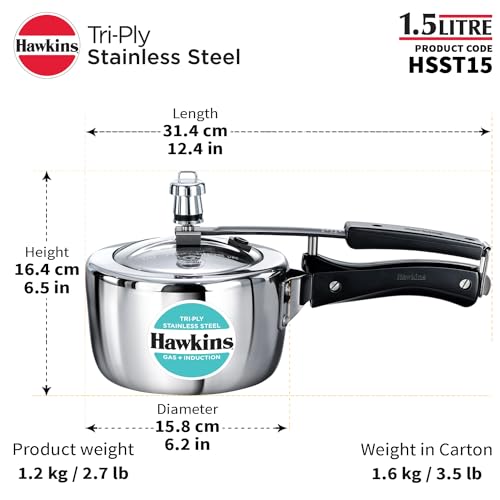 HAWKINS Triply Stainless Steel Pressure Cooker, Inner Lid Induction Cooker, (HSST15) 1.5 litres Silver