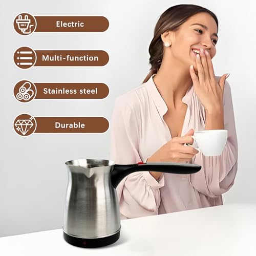 Electric Turkish Coffee Pot, 600ml Stainless Steel Heating Tea Maker Kettle with Foldable Handle, 110V US Plug Turkish Electric Coffee Maker Machine for Home/Travel