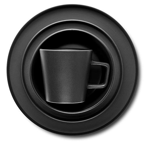 Stone Lain Celina Stoneware 16 Piece Dinnerware Set, Plates and Bowls, Black Matte Dish, Service for 4 – Minimalist Round Style, Microwave & Dishwasher Safe