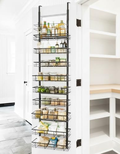 Pantry Door Organizer, 9-Tier Over The Door Pantry Organizer for Kitchen Pantry Storage, Adjustable Metal Hanging Spice Rack with 9 Baskets for Pantry Kitchen Bathroom Laundry Room Closet, Black