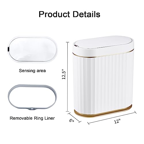 ELPHECO Bathroom Trash Can with Lid 2 Gallon Sensor Garbage Can, Automatic Trash Bin, Motion Sensor Trash Can, IPX5 Waterproof Plastic Wastebasket for Bathroom, Bedroom, Kitchen, Office, White Gold