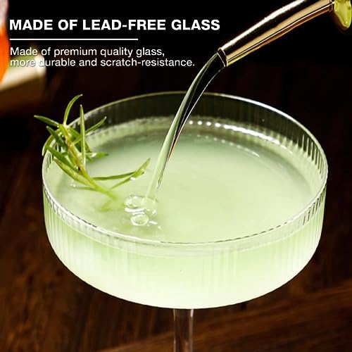Qipecedm 4 Pcs Ribbed Coupe Glasses, 10 oz Vintage Coupe Glass Set, Unique Martini Glass, Classic Cocktail Galssware, Bar Drinking Glasses Set Pefect for Cocktail, Wine, Champagne & Gift