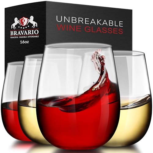 Bravario Unbreakable Stemless Plastic Wine Glasses, Reusable, Shatterproof 100% Tritan Plastic, Dishwasher-Safe, BPA-free