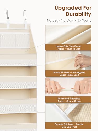 Criusia Over the Door Organizer, 6-Shelf Closet Hanging Storage with 13 Mesh Pockets, 55lbs Capacity Behind the Door Storage for Baby Nursery, Bathroom, Bedroom, and Dorm, Beige