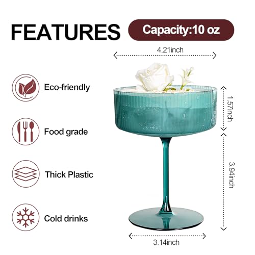 Ciaell 12PCS Plastic Ribbed Martini Glasses - 10 Oz Colored Disposable Coupe Glasses with Stem - Heavy Duty Margarita Cups for Bars, Cocktails, Whiskey, Parties & Wedding