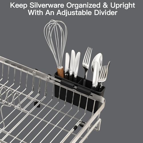 MAJALiS Dish Drying Rack Over The Sink, Expandable Stainless Steel Dish Drainer for Small Kitchen Counter Space Saving, RV Compact Plate Strainer In Silver Metal with Hanging Adjustable Utensil Holder