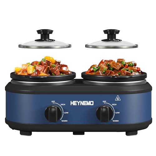 Double Slow Cooker, Buffet Servers and Warmers, Dual 2 Pot Slow Cooker Food Warmer, Adjustable Temp Dishwasher Safe Removable Ceramic Pot Glass Lid, 2 x 1.25 QT Portable Small Crock Cooker,Blue