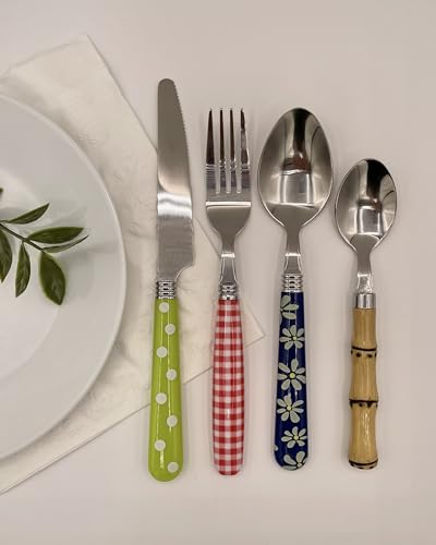 The Original Brink House Eclectic Collection Mix & Match Stainless Steel Cutlery Set with Multicolored Handles / 16 pieces with Metal Stand/Lifestyle utensils for home, apartment, dorm, outdoor