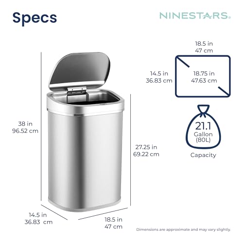 Ninestars 21 Gallons Automatic Touchless Kitchen Trash Can with Lid, Motion Sensor Trash Can for Kitchen, Living Room, Office, 80 Liter Stainless Steel Garbage Bin (21 Gallon Rectangular)