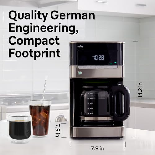 Braun BrewSense 12 Cup Drip Coffee Maker - Pause & Pour Mid Brew, Coffee Machine with 24-Hour Timer & Clock, Bold & Regular Strength, 1-4 Cup Functions, Self Clean, Auto Shutoff, Stainless Steel