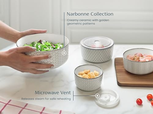 KooK Serving Bowls, with Lids, Ceramic Nesting Bowls, Set of 4, Embossed, Kitchen, Prep, Stackable, Gift, Microwave and Dishwasher Safe, 10/16/29/47 oz, Narbonne Collection (Ivory)