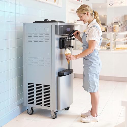 VEVOR Commercial Ice Cream Machine, 20-28L/H Yield, 2200W 3-Flavor Freestanding Soft Serve Ice Cream Maker with 2 x 6L Hoppers & Hopper Agitation, Pre-Cooling Self-Cleaning for Snack Dessert Shops