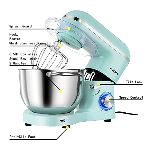 Aucma Stand Mixer,6.5-QT 660W 6-Speed Tilt-Head Food Mixer, Kitchen Electric Mixer with Dough Hook, Wire Whip & Beater (Blue, 6.5QT)