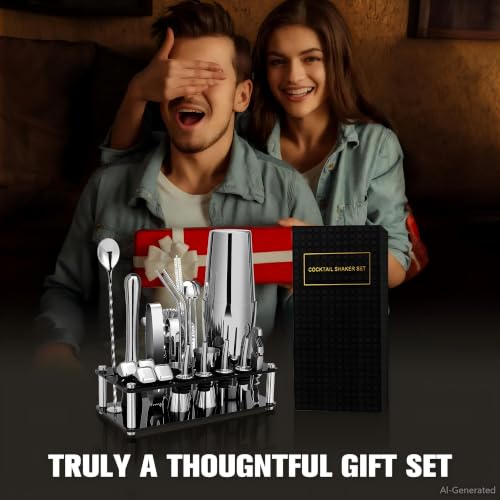 KINGROW Cocktail Shaker Set Bartender Kit, Stainless Steel Boston Bar Tools Drink Mixer Set with Stand & Recipe Booklet for Home Cocktail Making | Silver