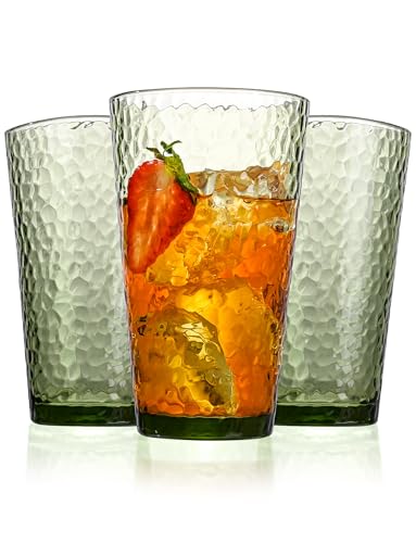 Amyoole Drinking Glasses Set of 8,16oz Green Highball Water Glasses,Stackable Lead-Free Hammered Glass Cups,Kitchen