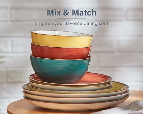 ONEMORE Plates and Bowls Set 12 Pcs,Stoneware Dinnerware Sets for 4 Microwavable,Oven & Dishwasher Safe Porcelain,Scratch Resistant Dishes Set