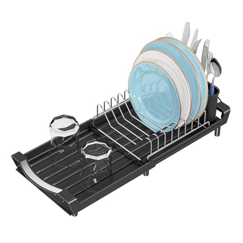 Simple Trending Small Dish Drying Rack, Compact Expandable Dish Rack with Cutlery Holder, Sink Dish Drainer for Kitchen Countertop, Black