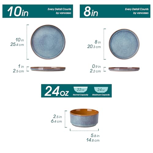 vancasso ONION Ceramic Dinnerware Sets, 12 Pieces Stoneware Plates and Bowls Sets for 4, Reactive Glaze Dishes Set for Kitchen, Dishwasher and Microwave Safe, Blue