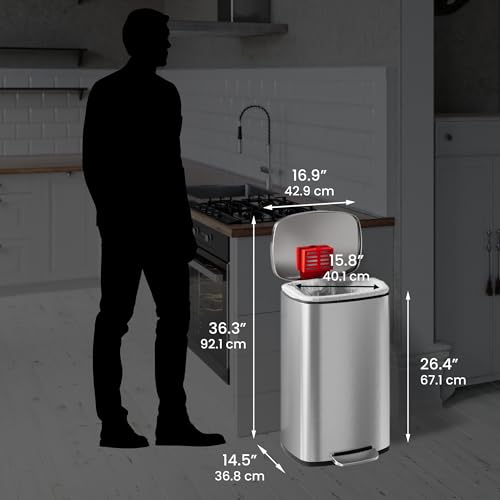 iTouchless 13.2 Gallon Step Trash Can with Lid and Odor Control Filter, Stainless Steel Kitchen Garbage Bin with AirNova Silent Lid, 50 Liter, Fingerprint-Proof, Silver
