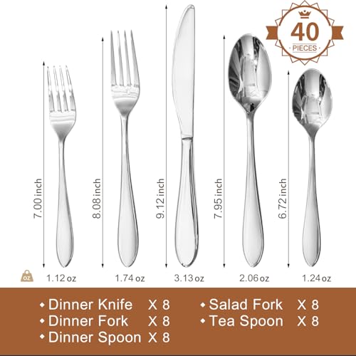 KINGSTONE 40-Piece Silverware Set for 8,18/10 Premium Stainless Steel Flatware Set, for Home, Restaurant, Wedding and Party Use, Mirror-Polished Cutlery Set, Dishwasher Safe
