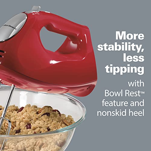 Hamilton Beach 6-Speed Electric Hand Mixer with Whisk, Traditional Beaters, Dough Hooks, Snap-On Storage Case, 275 Watts, Red
