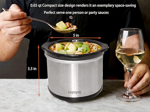 Mini Slow Cooker, 0.65 Qt Capacity small slow cooker, Ceramic Pot, Nutrient Loss Reduction, For Sauces, Stews & Dips, Round (stainless s)