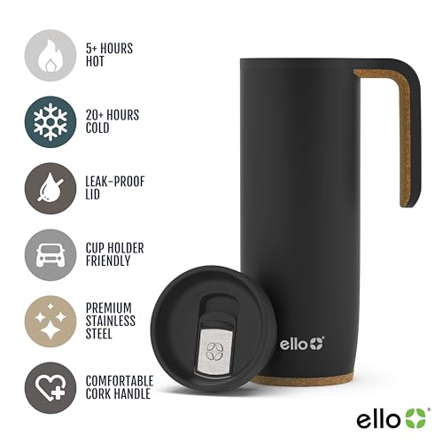 Ello Magnet 18oz Stainless Steel Travel Mug with Handle and Leak Proof Lid | Vacuum Insulated Coffee Cup Keeps Drinks Hot for 5 Hours | BPA Free Tumbler with Built In Coaster, Matte Black