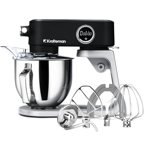 Kraftsman All Metal Stand Mixer DC Motor - Heavy Duty Dough Mixer 5.3 Quart with 4 Stainless Steel Attachments, Quiet Operation with Timer, Verstile Standing Mixer with Power Hub, 8-Speed (Black)