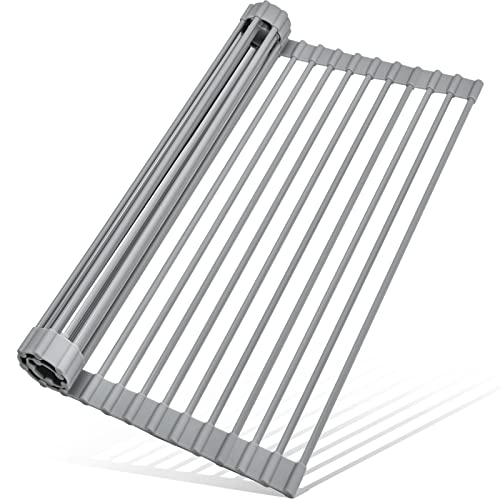 MERRYBOX Roll Up Dish Drying Rack, Silicone Wrapped Over The Sink Dish Rack Foldable Dish Drainer Anti-Slip Dish Racks for Kitchen Counter, Multipurpose Kitchen Sink Drying Rack, 18" x 13", Light Gray