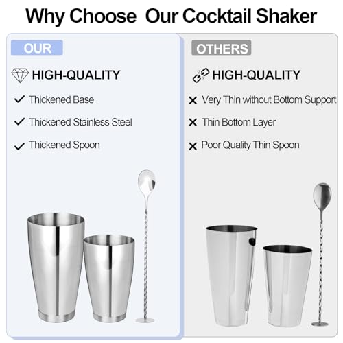Mwellewm Cocktail Shaker Boston Shaker Set 15 Pcs Professional Bartender Kit Bar Shaker Stainless Steel Drink Shaker Bartending Martini Shaker Tin Mixed Alcohol Shaker Tool for Beginner(Silver)