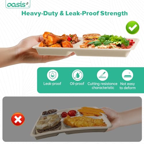 OasisSN 10x8 128-Pack 5-Compartment Divided Plates, Ideal for Light Meals, Kids Lunch, Meal Prep & Party, Heavy Duty Compostable Bagasse Plates, Microwave Safe, Natural